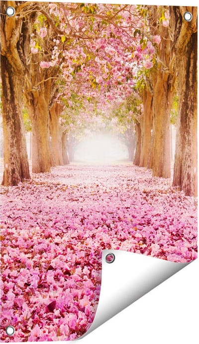 Gards Tuinposter Romantische Bomen Tunnel met Roze Anjers - 40x60 cm - Tuindoek - Tuindecoratie - Wanddecoratie buiten - Tuinschilderij