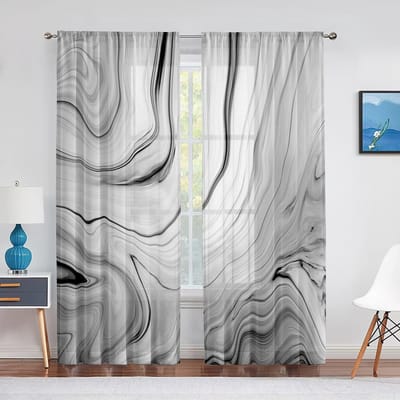 Marineblauw Marmer Transparant Voile Gordijn voor Woonkamer Slaapkamer Keuken Hotel Decor Luxe Vloeibare Textuur Abstracte Tule Gordijnen 1 PCS W100XH250cm&Grommet Top