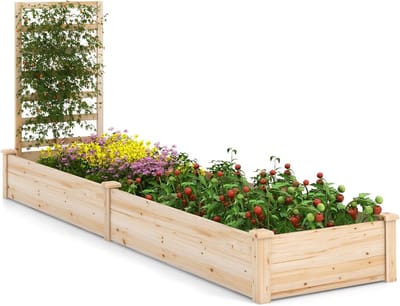 KOMFOTTEU Verhoogde tuin met latwerk, houten plantenbak voor buiten met aparte vakken voor bloemen, groenten en klimplanten, zelf te monteren, verhoogd tuinbed voor tuin of terras (naturel)