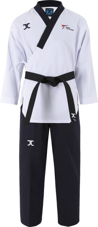 JCalicu poomsae dan taekwondopak mannen | WT | Wit / Zwart (Maat: 150)