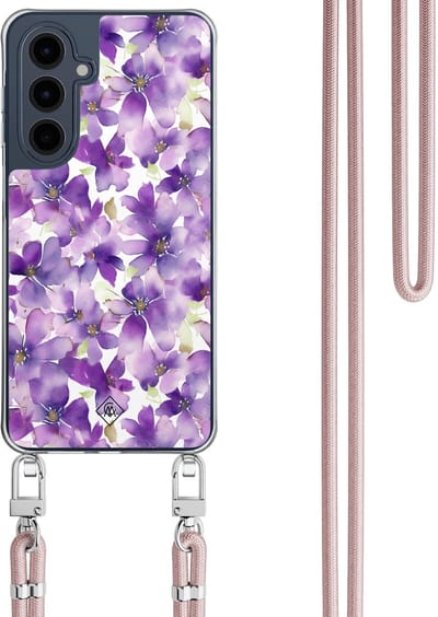 Casimoda® hoesje met rosegoud koord - Geschikt voor Samsung A16 - Floral Violet - Afneembaar koord - TPU/polycarbonaat - Paars