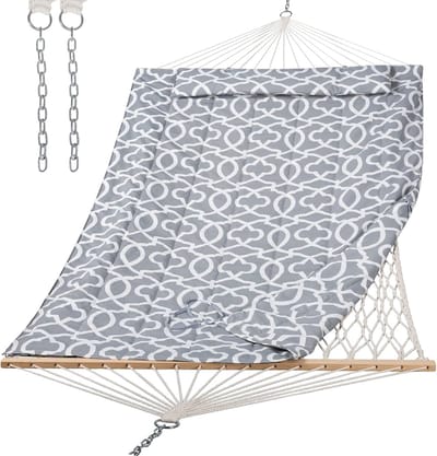 Hangmat met Spreidstang - Dubbele Touw Hangmat - Ontspanning in de Tuin - Stevige Hardhouten Stang - Ruim 2 Persoons