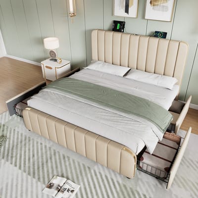 MIVRAY Gestoffeerd Bed 140x190 cm - Tweepersoonsbed Zonder Matras met USB en Type C, 4 Opberglades - Lattenbodem - Stof - Beige
