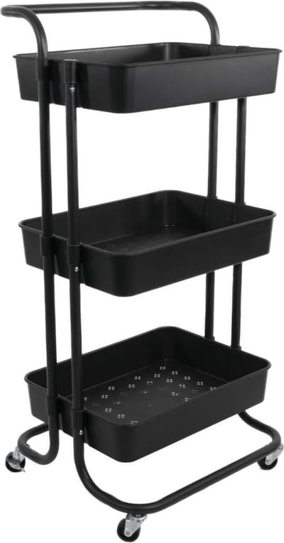 Intirilife Rolwagen met 3 niveaus in Zwart - 85 x 34 x 42 cm - Serveerwagen met handvat, opbergwagen, voor keuken, badkamer, kantoor, enz.