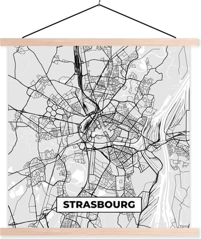 Posterhanger incl. Poster 40x40 cm - Schoolplaat - Plattegrond - Kaart - Stadskaart - Frankrijk - Strasbourg - Textielposter - Blanke latten - Stadskaart