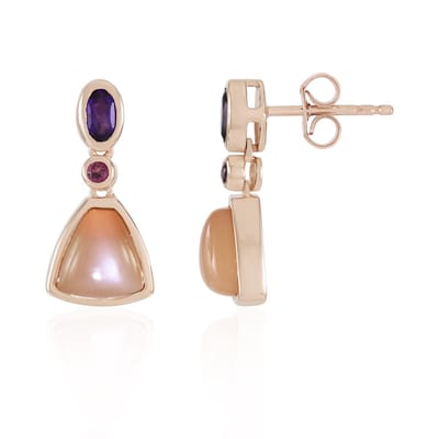 Cavill - Zilveren oorbellen roségoud verguld - 6,39 ct Perzik Maansteen Triljant Cabochon & Amethist Ovaal - Moderne Maansteen Sieraden voor Dames