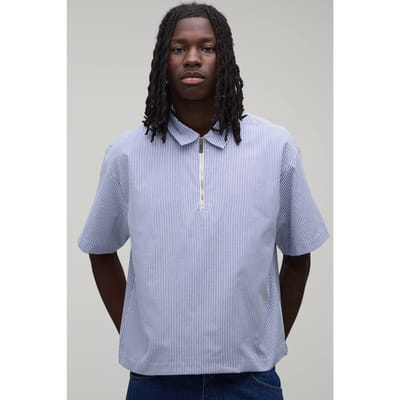 Oversized Boxy Gestreept Kwart Rits Overhemd | Blue | Size XS
