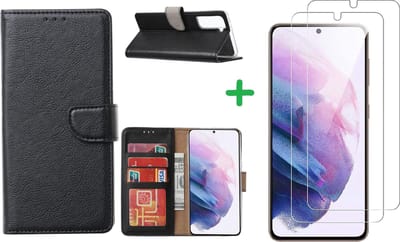 Hoesje Geschikt Voor Samsung Galaxy S21 FE hoesje bookcase Zwart Met screenprotector / 2X tempered glass