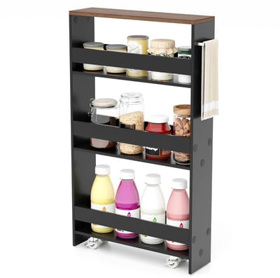 COSTWAY Nichewagen 13 cm breed, 4 etages keukentrolley smal, nisrek op wielen, serveerwagen met handvat & leuningen, badkamerrek hout, voor keuken, badkamer, 47,5 x 13 x 80,5 cm (zwart + natuur)