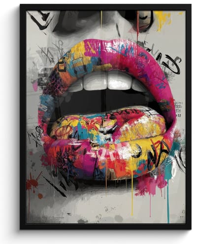 Poster in lijst - Fotolijst 60x80 cm - Posters - Lippen - Graffiti - Expressief - Posterlijst zwart - Decoratie - Wanddecoratie woonkamer - Muurdecoratie slaapkamer