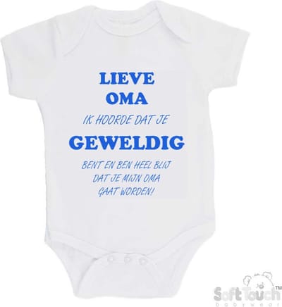 100% katoenen Romper "Lieve oma ik hoorde dat je geweldig bent en ben heel blij dat je mijn oma gaat worden!" Jongens Katoen Wit/blauw Maat 62/68