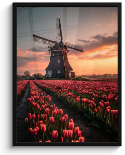 Poster in lijst - Fotolijst 50x70 cm - Posters - Molen - Zonsondergang - Tulpen - Rood - Posterlijst zwart - Decoratie - Wanddecoratie woonkamer - Muurdecoratie slaapkamer