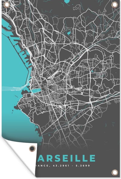 Muurdecoratie Marseille - Frankrijk - Plattegrond - Stadskaart - Kaart - 120x180 cm - Tuinposter - Tuindoek