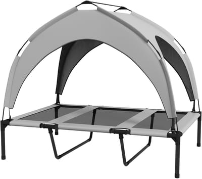 Hondenbed met Baldakijn-ROLIPO-Ademend -- Hondenbed voor Grote Honden - Verhoogd en Waterbestendig - Lichtgrijs - UV-Bescherming - Geschikt voor Honden tot 30 kg-92x76x90 cm