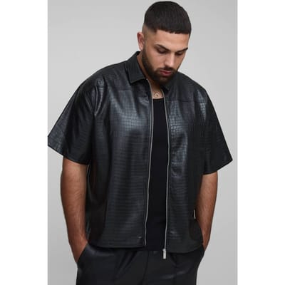 Plus Croc PU Zip Up Shirt | Black | Size 3XL