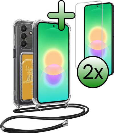 Hoes Geschikt voor Samsung A27 Hoesje Pas Houder Shock Proof Case Hoes Met Koord Met 2x Screenprotector - Hoesje Geschikt voor Samsung Galaxy A27 Hoes Met Telefoonkoord Pasjeshouder Cover - Transparant
