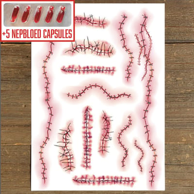 GetGlitterBaby® - Tattoo + Nep Bloed Capsules / Halloween Horror Decoratie Versiering Hechtingen / Carnaval Schmink Make Up Plak Tattoos / Tijdelijke Tattoo / Nep Tatoeage + Vloeibaar Dik Rood Nepbloed / Nep Wond / Fake Kunst Blood - 5 Capsules