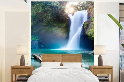 Behang - Fotobehang Waterval - Stenen - Landschap - Planten - Water - Breedte 205 cm x hoogte 280 cm