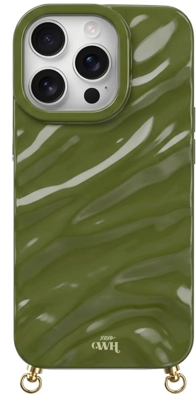 xoxo Wildhearts Glaze Cord Case Green telefoonhoesje - geschikt voor iPhone 13 Pro - Dream hoesje geschikt voor telefoonkoord - Glimmende silicone case met plooien - Vlekbestendig hoesje met haakjes - Groen