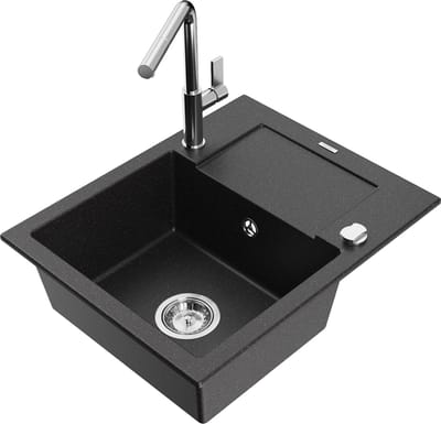 Mexen Enzo granieten gootsteen met 1 bak en afdruiprek en keukenmengkraan Flora, zwart/zilver metallic - 6506-73-670401-00
