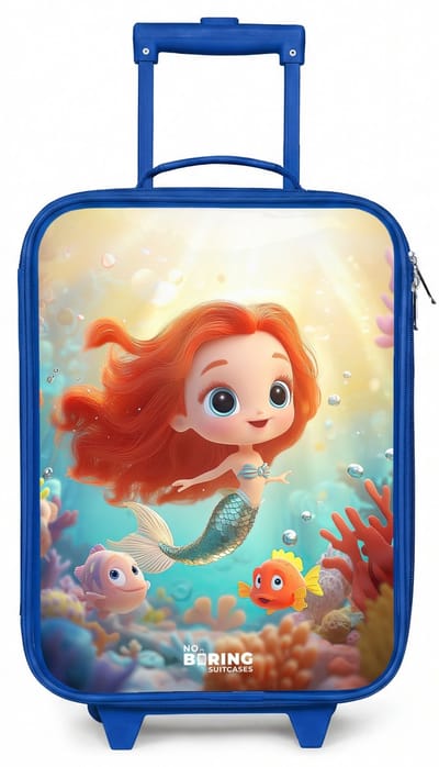 NoBoringSuitcases.com® - Kinderkoffer blauw - Kindertrolley jongen - Zeemeermin - Vissen - Koraal - Koffer kind lichtgewicht - Reiskoffer trolley voor kinderen - Koffertje met lichtgevende wieltjes - Rolkoffer