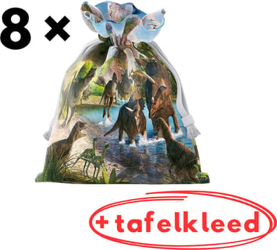 Uitdeelzakjes kinderfeestje + Dino tafelkleed - Dinosaurus traktatie zakjes - Uitdeelzakjes voor uitdeelcadeautjes - 8 stuks - Herbruikbaar - textiel - Tafelloper - 40 x 130 cm - uitdeelcadeaus - uitdeeltasjes - doosjes - Jongen - groen - blauw