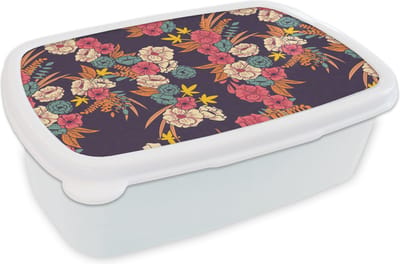 Broodtrommel Wit - Lunchbox - Brooddoos - Boeket - Bloemen - Tropisch - Patroon - 18x12x6 cm - Volwassenen