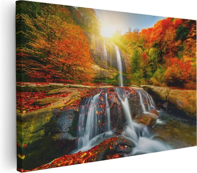 Artaza Canvas Schilderij Herfst Bos - 30x20 cm - Klein - Wanddecoratie Waterval - Muurdecoratie Zonsondergang - Kamer Accessoires Natuur