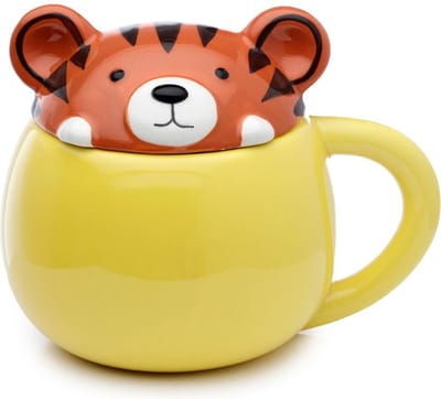 Beker/Mok - Tijger Adoramals - Gevormde Deksel - Oranje&Geel - Dolomiet Keramiek - 450ml