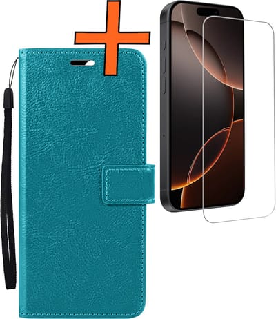 Hoes - Met Screenprotector - Geschikt voor Apple iPhone 16 Pro - Luxe Pasjeshouder - Bookcase Portemonee - Flip Case - Kunstleer Book Case - Flipcase - Book Cover - Walletcase - PortemonneeHoes - Turquoise