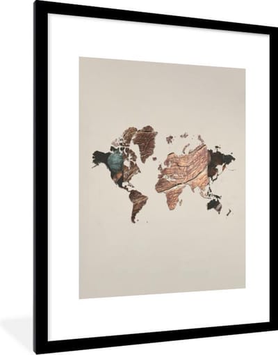 Poster in lijst - Fotolijst 60x80 cm - Posters - Wereldkaart - Hout - Bruin - Posterlijst zwart - Decoratie - Wanddecoratie woonkamer - Muurdecoratie slaapkamer