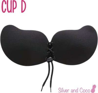 SilverAndCoco® - Push up Plak BH herbruikbaar veter sluiting / Zelfklevende Invisible bh met vetersluiting / Onzichtbare Siliconen Tepel bedekkers BH Pads Silicone Nipple cover Strapless boob lift - Zwart - Cup D