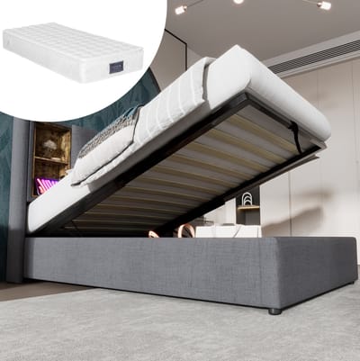 MEUNIQ eenpersoons gestoffeerd bed 90x200 cm met opbergruimte, draadloos opladen, 2 USB en USB-C, houten lattenbodem en hoofdbord met open vakken, grijs