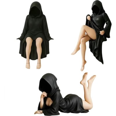Nieuw 3 stuks Halloween Meisje Beeld Vrouwen Zittend Figuur Ornament Mysterieus Beeld Gotisch Dood Zwarte Gewaad Koningin Boekenplank Beeldhouwwerk black
