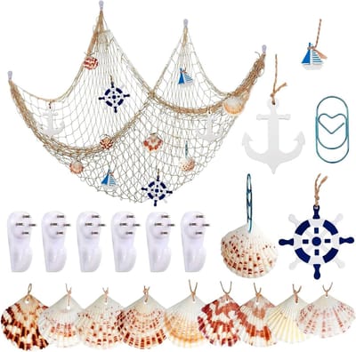 Decoratieve Vissersnet met Schelpen voor Nautische Decoratie in Huis en Slaapkamer, Ideaal voor Mediterraanse Feesten