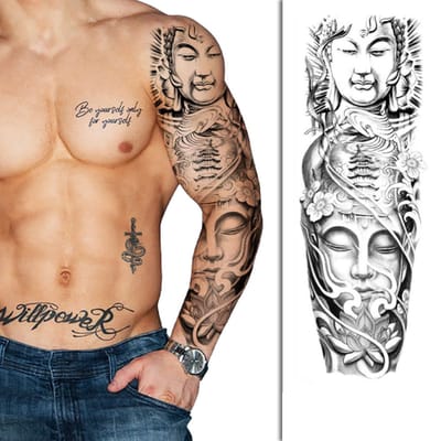 Tattoo Sleeve - Buddha Beeld Spiritueel Azië - Neptattoo Lichaam en Gezicht - Tijdelijke Henna Plak Tattoos - Nep Tatoeage - Fake Temporary Tattoo - Festival Make-up Outfit Volwassenen Kinderen