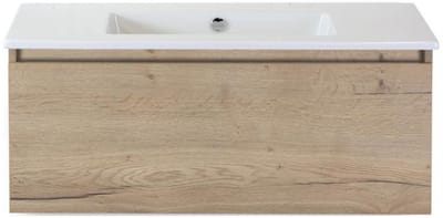 Frozen Badmeubelset 100 cm - Greeplijst in Kleur - Natuur Eiken - Keramische Wastafel Wit Zonder Kraangat