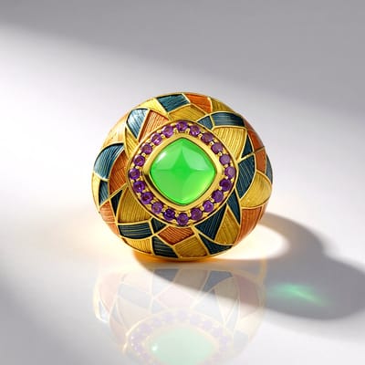 Cavill - Zilveren ring met groene chalcedoon 2,7 ct en amethist 0,324 ct - 925 sterling zilver verguld - Art Deco geometrische cocktailring dames