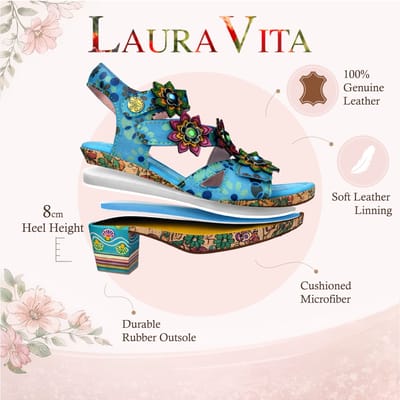Laura Vita Marlene 12 damessandalen met sleehak, blauw met bloemenprint, van leer.