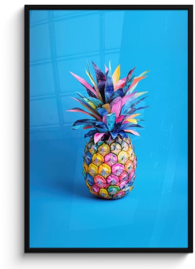 Poster in lijst - Fotolijst 80x120 cm - Posters - Ananas - Blauw - Tropisch - Vrolijk - Posterlijst zwart - Decoratie - Wanddecoratie woonkamer - Muurdecoratie slaapkamer