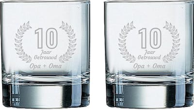 Gegraveerde set Whiskeyglazen 20cl Opa + Oma 10 jaar getrouwd