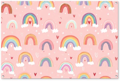 Tuinposter 120x80 cm - Tuindecoratie Regenboog - Patroon - Pastel - Handgetekend - Poster voor in de tuin - Buiten decoratie - Schutting tuinschilderij - Tuindoek muurdecoratie - Wanddecoratie balkondoek