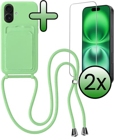 Hoes Geschikt voor iPhone 16 Plus Hoesje Pas Houder Case Hoes Met Koord Met 2x Screenprotector - Hoesje Geschikt voor iPhone 16 Plus Hoes Met Telefoonkoord Pasjeshouder Cover - Groen