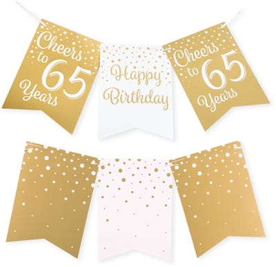 Q2P - 65 Jaar Versiering - Slingers - Verjaardag Versiering - Decoratie - Wit & Goud - Vlaggenlijn - 1 Stuk