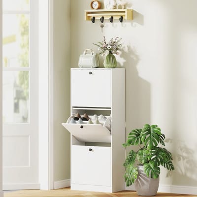 REDOM - Schoenenkast - 3 Kleppen - Verstelbare Vakken - Modern - Voor De Hal - Hout - Wit - 47 X 26 X 120 Cm