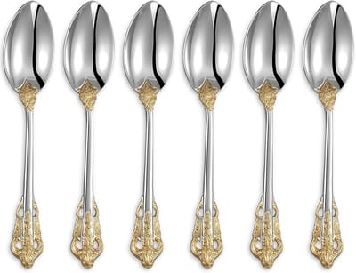 KEAWELL Luxe 5,1 inch espressolepels set, 6 stuks, gouden accent, mini koffielepel, 18/10 roestvrij staal, prachtig ontwerp met uitzonderlijke spiegel gepolijste afwerking - ideaal voor het roeren van