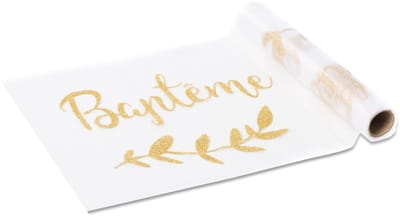 ARTYFETES - Organza tafelloper voor doop, goudglitter 28 cm x 5 m, lauriermotieven