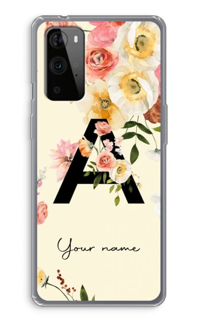Gepersonaliseerd - Case Company® - Hoesje geschikt voor OnePlus 9 Pro hoesje - Flirty Flowers Monogram - Soft Cover Telefoonhoesje - Bescherming aan alle Kanten en Schermrand