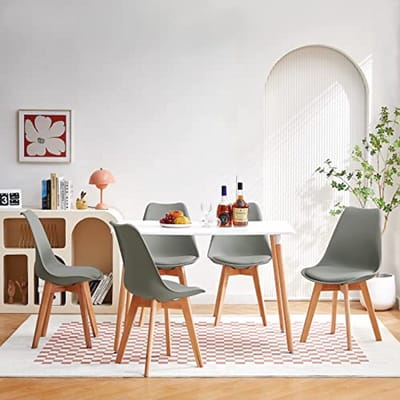 5-delige eetkamerset met witte tafel en 4 grijze stoelen voor woonkamer en keuken