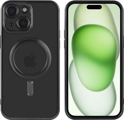 Hoesje Geschikt voor iPhone 15 Plus Magsafe hoes - Lens beschermer – backcover – Transparant / Zwart